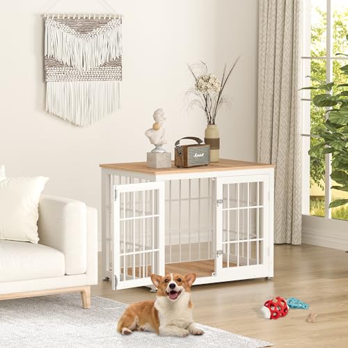 48 Inch Heavy Duty Dog Crate Furniture for Large Dogs, Decorative Pet House End Table, Extra Large Wooden Cage Kennel Furniture Indoor, Natural and White