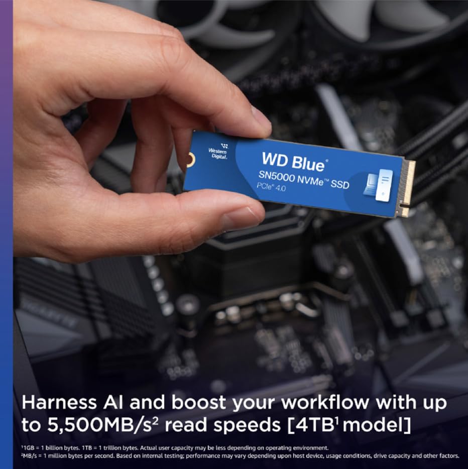Western Digital 4TB WD Blue SN5000 NVMe Internal Solid State Drive SSD - PCIe Gen 4.0, M.2 2280, Up to 5,500 MB/s - WDS400T4B0E