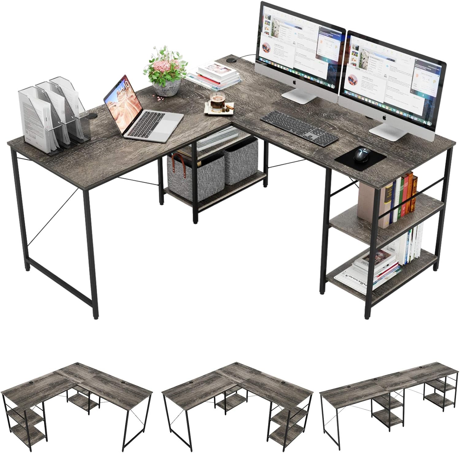 Bestier L Shaped Desk with Shelves 95.2 Inch Reversible Corner Computer Desk or 2 Person Long Table for Home Office Large Gaming Writing Storage Workstation P2 Board with 3 Cable Holes, Rustic Brown