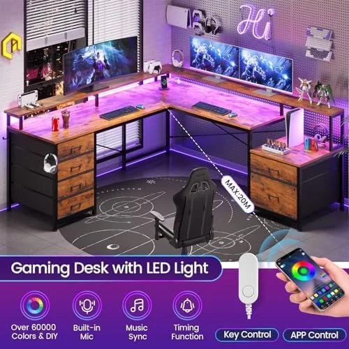 RUNFAYBIU L Shaped Desk with 6 Drawer  108" Home Office Desk with File Drawer &amp; Power Outlet  Corner Computer Desk with Monitor   File Cabinet  Two Person Desk  Gaming Desk with L