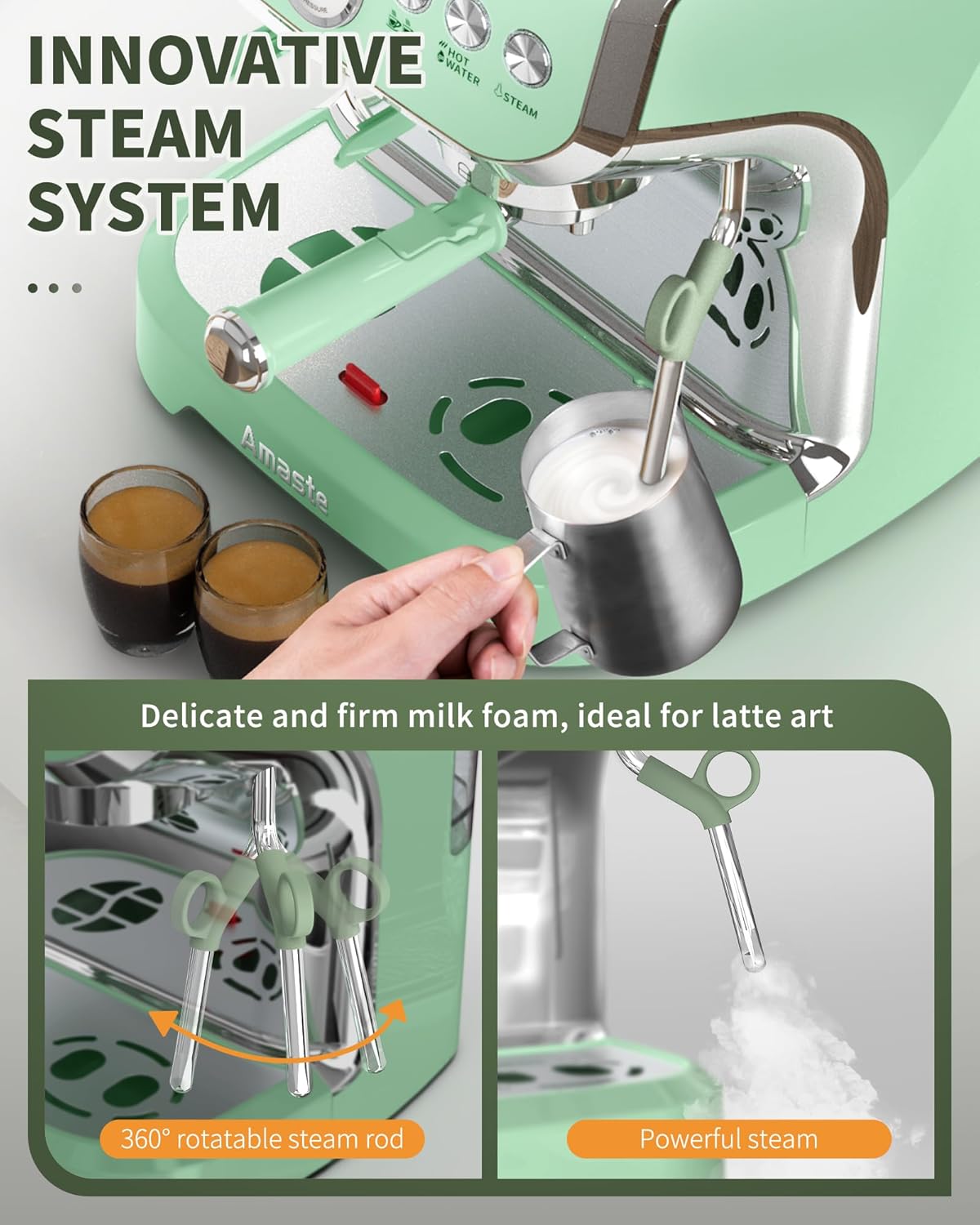 Amaste Espresso Machine with Grinder, 15 Bar Espresso Machine with Steam Wand for Latte and Cappuccino, 68Oz Water Tank, Pre-Infuse Brewing, Espresso Coffee Maker for Home Use, Barista Kit, Green