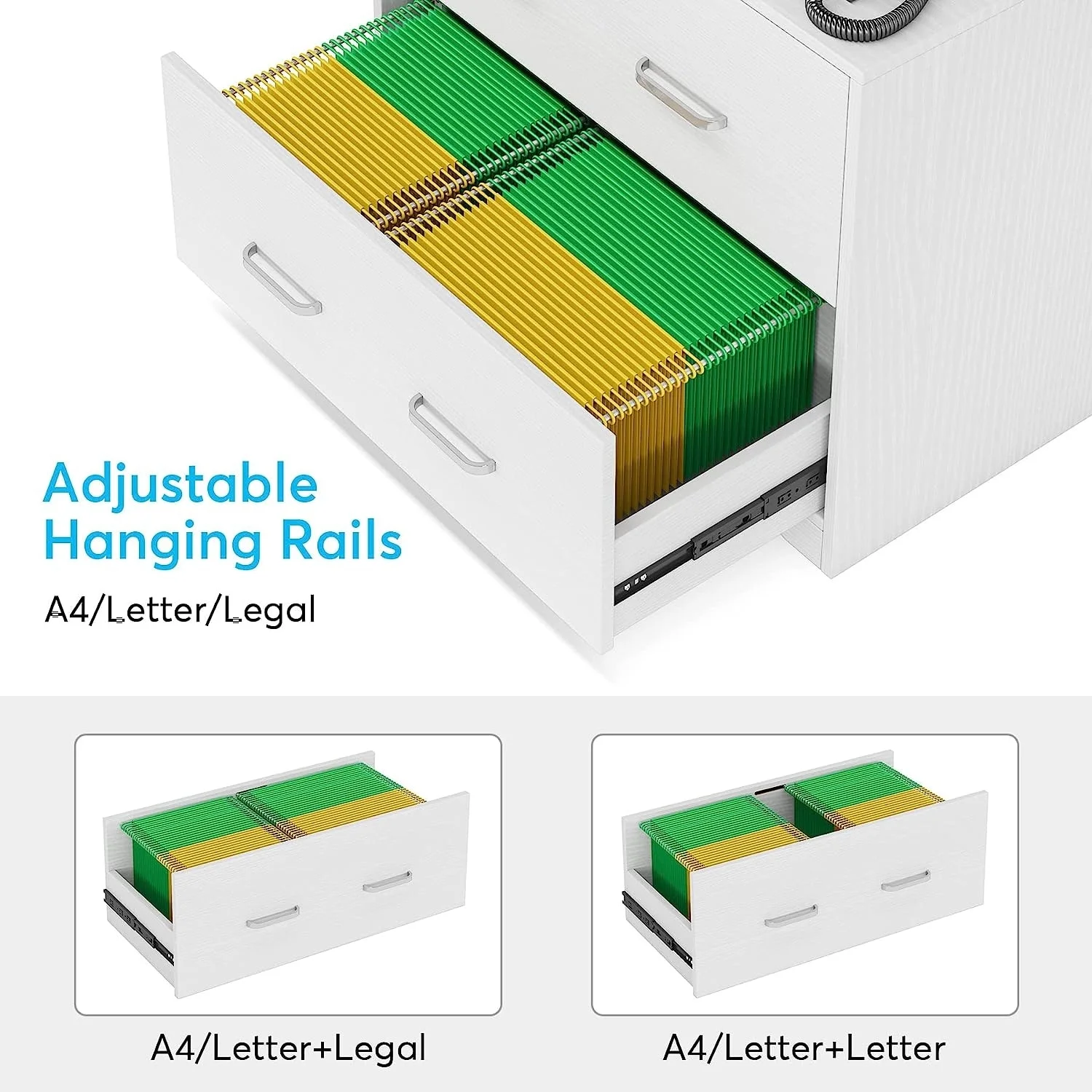2-Drawer Lateral File Cabinet with Lock, Large Wood Filing Cabinet White