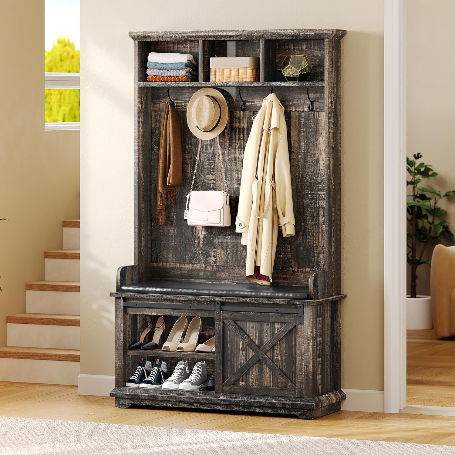 YITAHOME Hall Tree with Shoe Bench and Coat Rack Entryway, Hallway Tree Organizer Storage Bench Cabinet for Hallway, Entryway, Bedroom, Living Room, Dark Rustic Oak