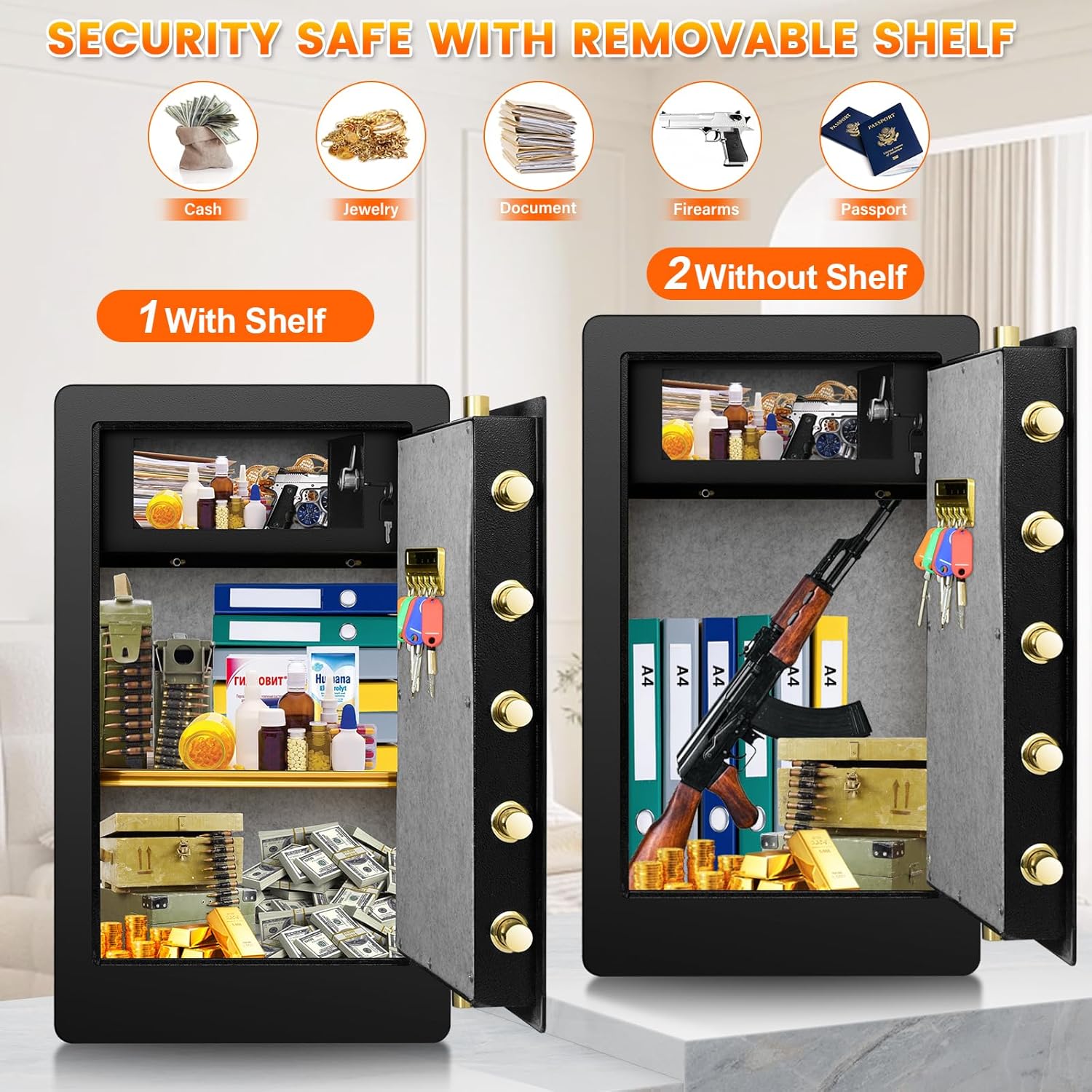 5.0 Cuft Extra Large Fireproof Safe Box For Home, Heavy Duty Digital Home Safes Fireproof Waterproof with Key Combination Lock, Sensor Light, Security Document Fire Safe for Business Money Medicine