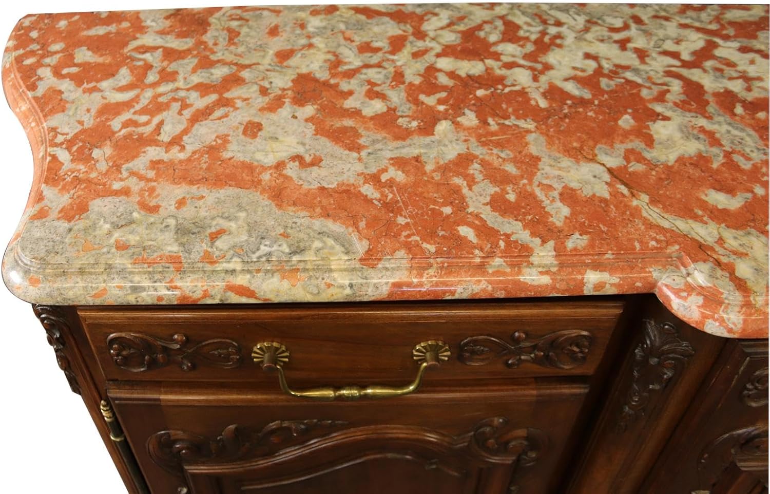 Sideboard Louis XV French Rococo 1920 Carved Walnut Shell, Red Pink Marble Top