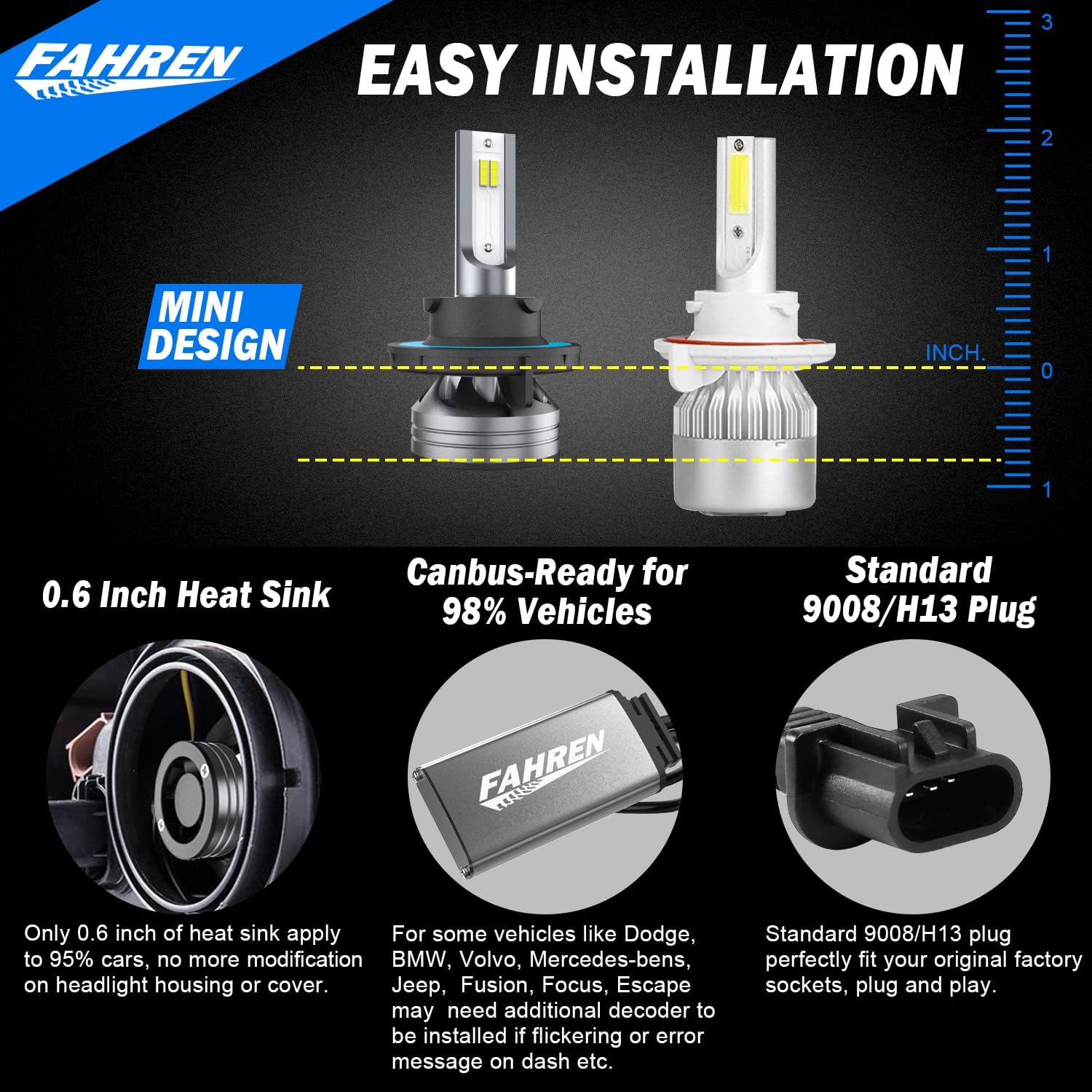 Fahren 9008/H13 LED Headlight Bulbs, 70W 14000LM Super Bright LED Headlights Conversion Kit 6500K Cool White IP68 Waterproof, Pack of 2 Pack of 2