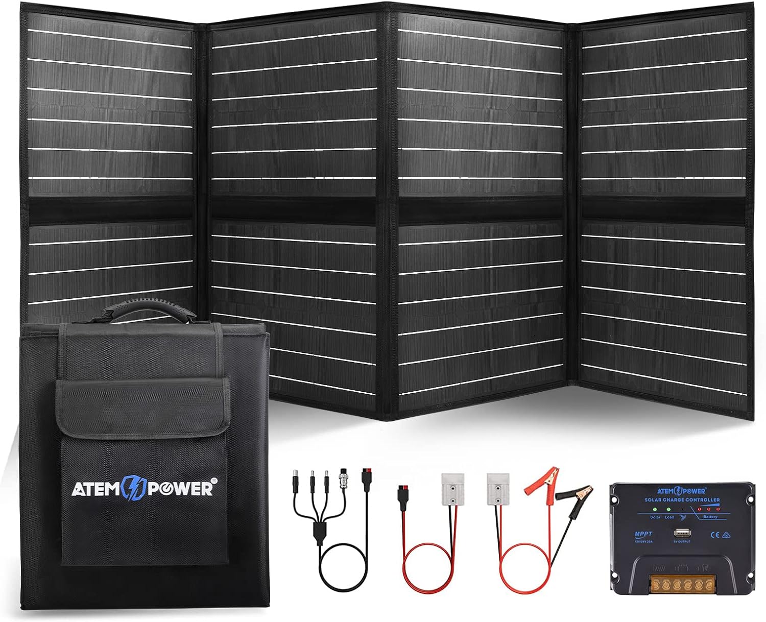 ATEM POWER 200W Portable Solar Panel - Foldable Solar Charger Monocrystalline with 20A MPPT Charger Controller 5V USB Output for 12V Batterires/Power Station Outdoor Camper RV Off Grid