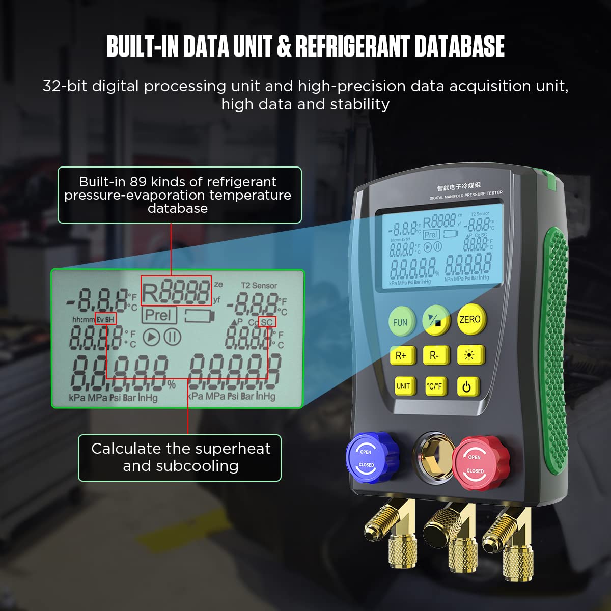Digital Manifold Gauge Set HVAC Dual-Channel Temp Sensor HVAC Tools for 89 Kind of Refrigerant Digital AC Gauges Vacuum Pressure&Temp Test Digital HVAC Gauges with Hoses Digital Refrigeration Gauge