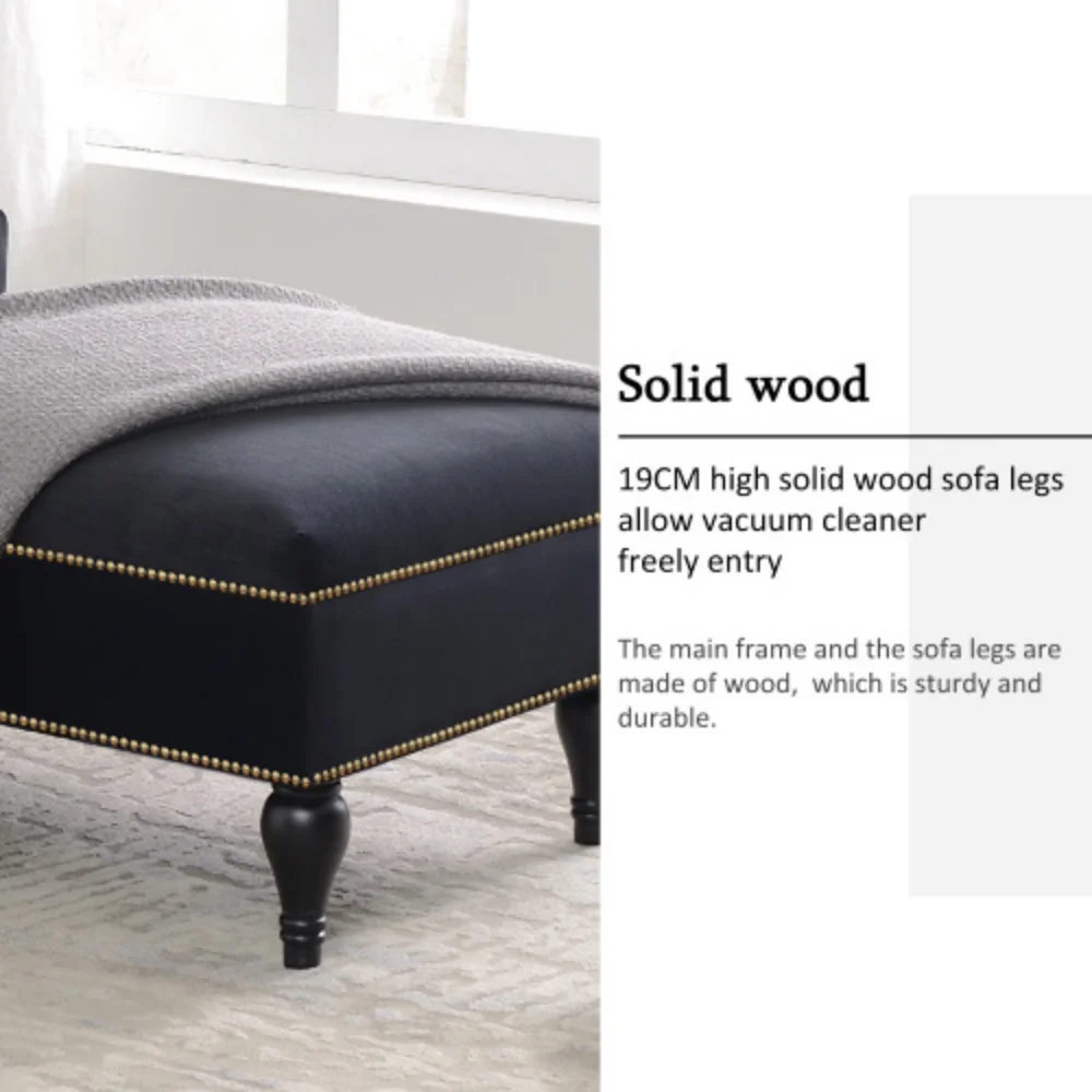8" Velvet Chaise Lounge,Button Tufted Right Arm Facing Lounge Chair with Nailhead Trim & Solid Wood Legs for Living Room or Office, Sleeper Lounge Sofa (Black)