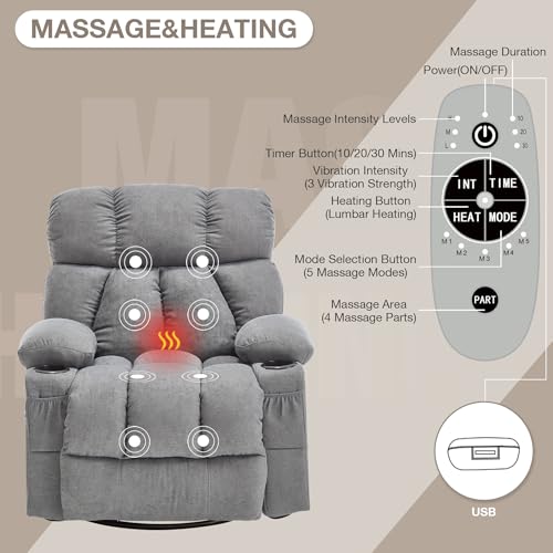 Massage Rocker Recliner Chair with Heat and Vibration Ergonomic Rocking Lounge Chair for Living Room Comfy Overstuffed Recliner with 4 Side Pockets,2 Cup Holders, USB Charge Port, Grey