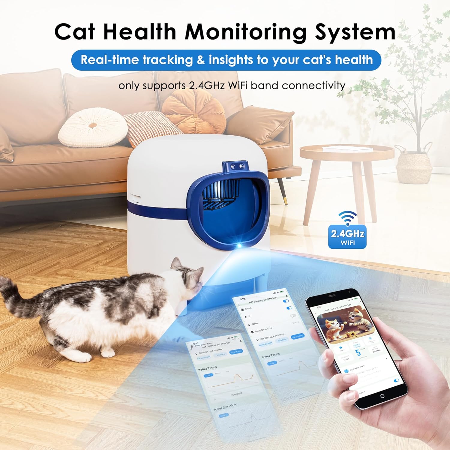 LMVVC Self Cleaning Cat Litter Box, Automatic Cat Litter Box Large Capacity Suitable for Multiple Cats,APP Control/Low Noise/Safety Protection/Odor Removal,2 Rolls Garbage Bags, White & Blue