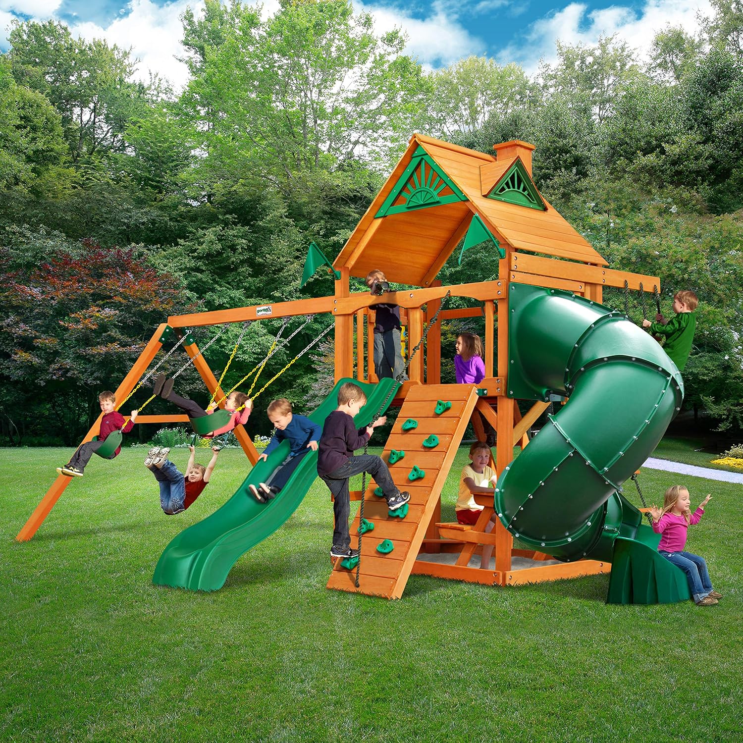 Gorilla Playsets 01-0005-AP Mountaineer Wooden Swing Set with Two Slides & Wood Roof, Brown