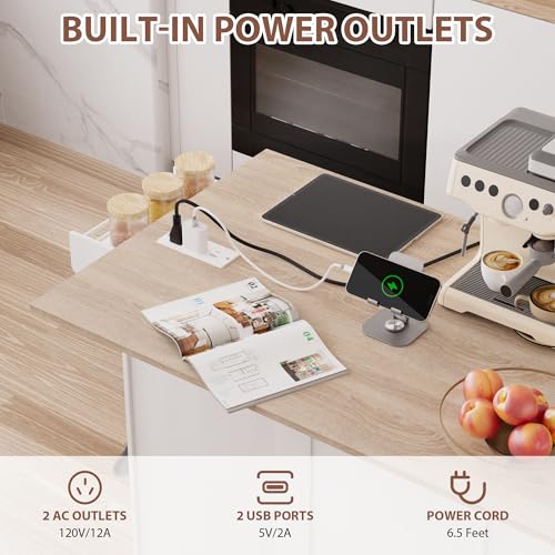 Kitchen Island on Wheels with Storage, Rolling Kitchen Islands with Drop Leaf&Power Outlet, Mobile Kitchen Island Cart with Trash Can Storage, Spice Rack, Towel Rack, Storages Cabinet ,Drawers