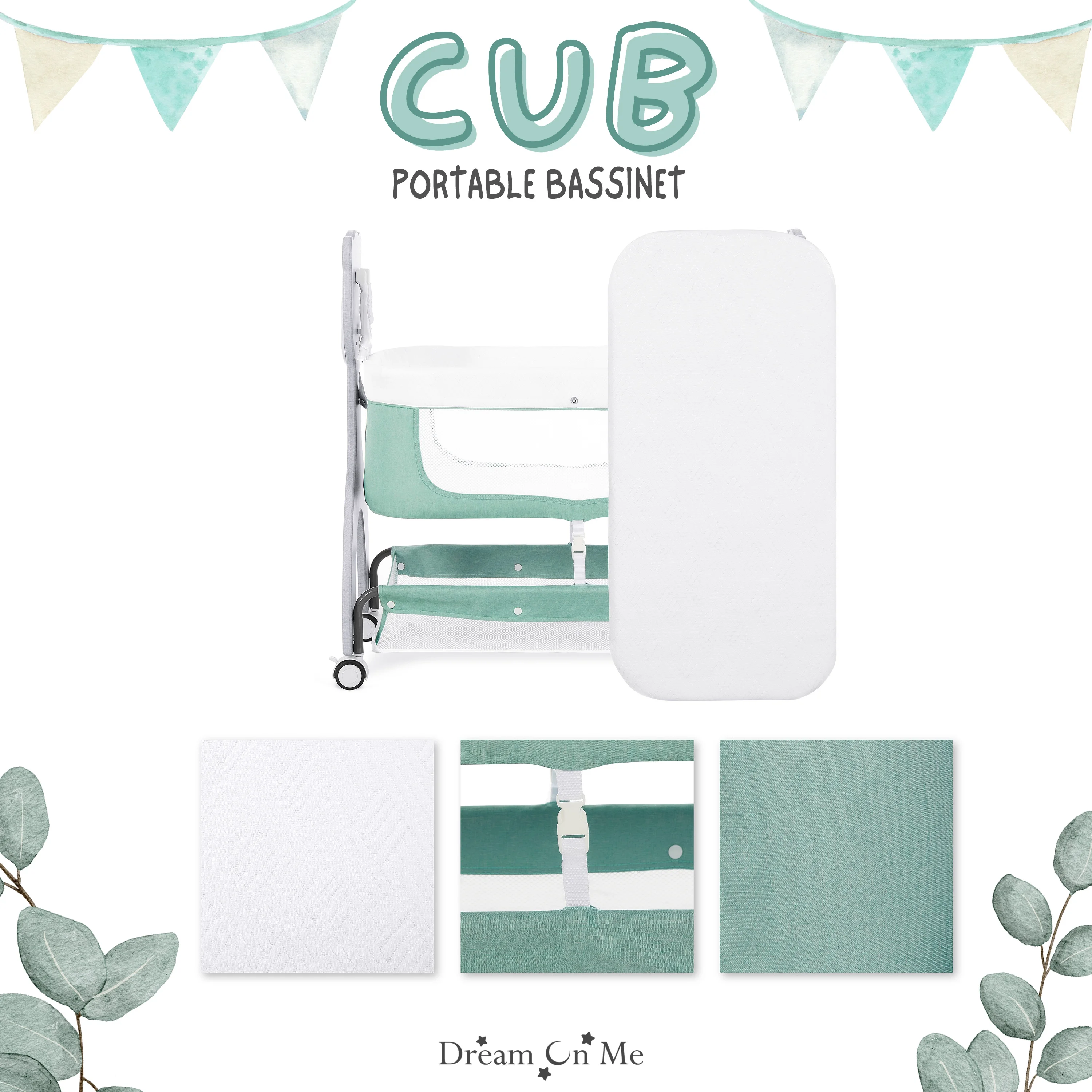 Dream on Me Cub Portable Bassinet in Mint, Multi-Use Baby Bassinet with Locking Wheels
