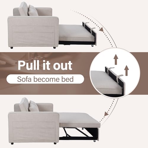 3-in-1 Convertible Sleeper Sofa Bed, Futon Couches with Pullout Bed, 2-Seater Loveseat Sofa with Storage Pockets, Adjustable Backrest and Toss Pillows for Living Room Apartment, Grey
