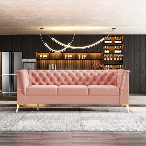 83.46'' Modern Chesterfield Velvet Sofa 3 Seater Fashion Couch with Gold Metal Legs Couches for Office,Living Room,Apartment,Furniture (83.46" White)
