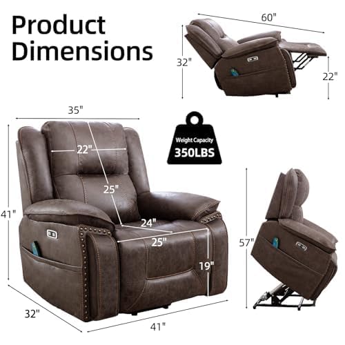 Phoenix Home Dual Motor Power Lift Chair for Elderly, Lift Chairs with Massage and Heat, Leather Electric Chairs for Adults, Recliner Chair with USB, 2 Concealed Cup Holders, Brown