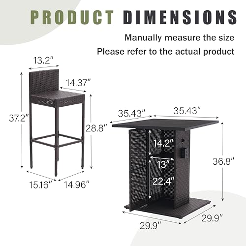 Patio Bar Set 5-Piece Outdoor Wicker Bar Set, Wicker Bar Table with Built-in Bottle Opener, Hidden Storage Shelf and 4 Stools for Outside Backyards Porches Gardens Poolside (Grey)