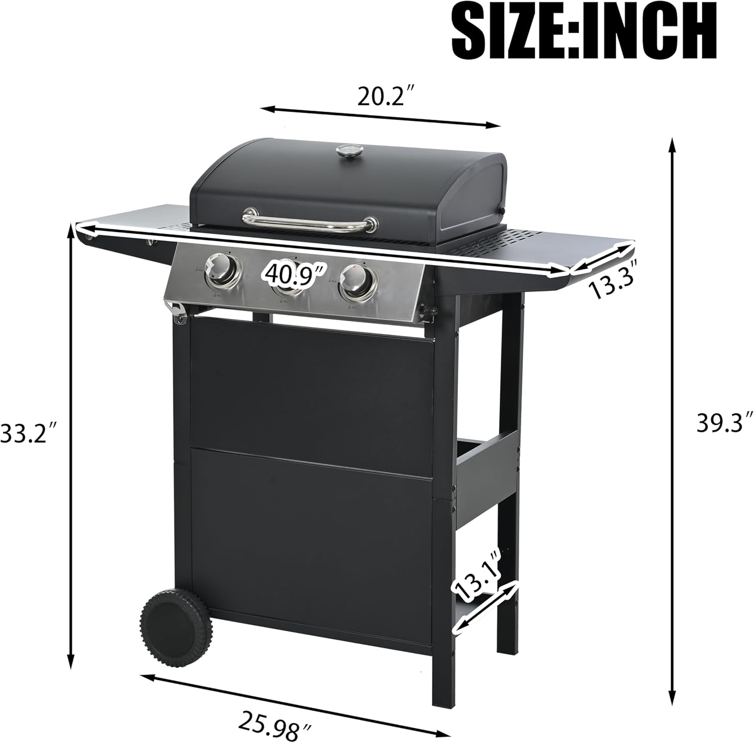 Gas Grill with 2 Side Shelves, Outdoor Patio 3 Burner Propane BBQ Grill with 2 Wheels, Lid and Bottle Opener, 30,000 BTU Stainless Steel Grill for Camping RV Backyard Barbecue Picnic, Black