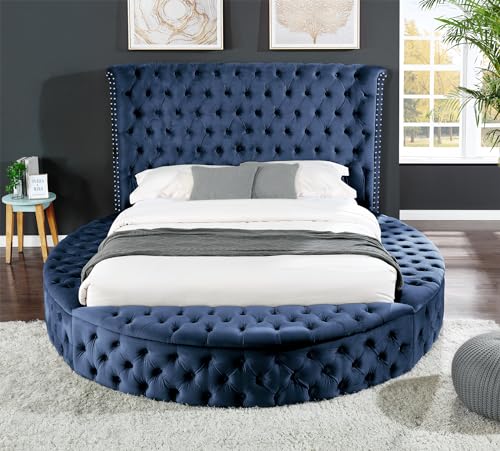 Queen Size Circle Platform Bed Frame with Bluetooth Speakers and USB, Velvet Tufted Upholstery Storage Bed Made with Wood, Storage Compartments in Rails and Footboard, Noise Free, Black