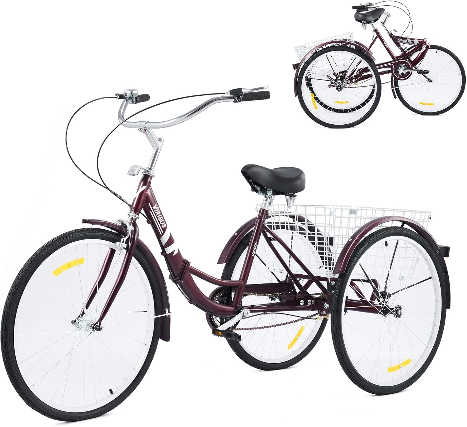 Viribus 26 Adult Folding Tricycle 1 Speed High Carbon Steel Three Wheeled Trike with Large Rear Basket Adjustable Spring Saddle Rubber Tires Bell Reflectors