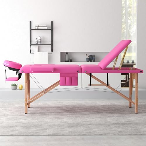 Massage Table, 3 Fold Portable Lash Bed Tatto Bed, Height Adjustable Spa Facial Bed 3 Sections with Face Cradle, Detachable Armrest, Black Frame & Accessories Carrying Bag, Black