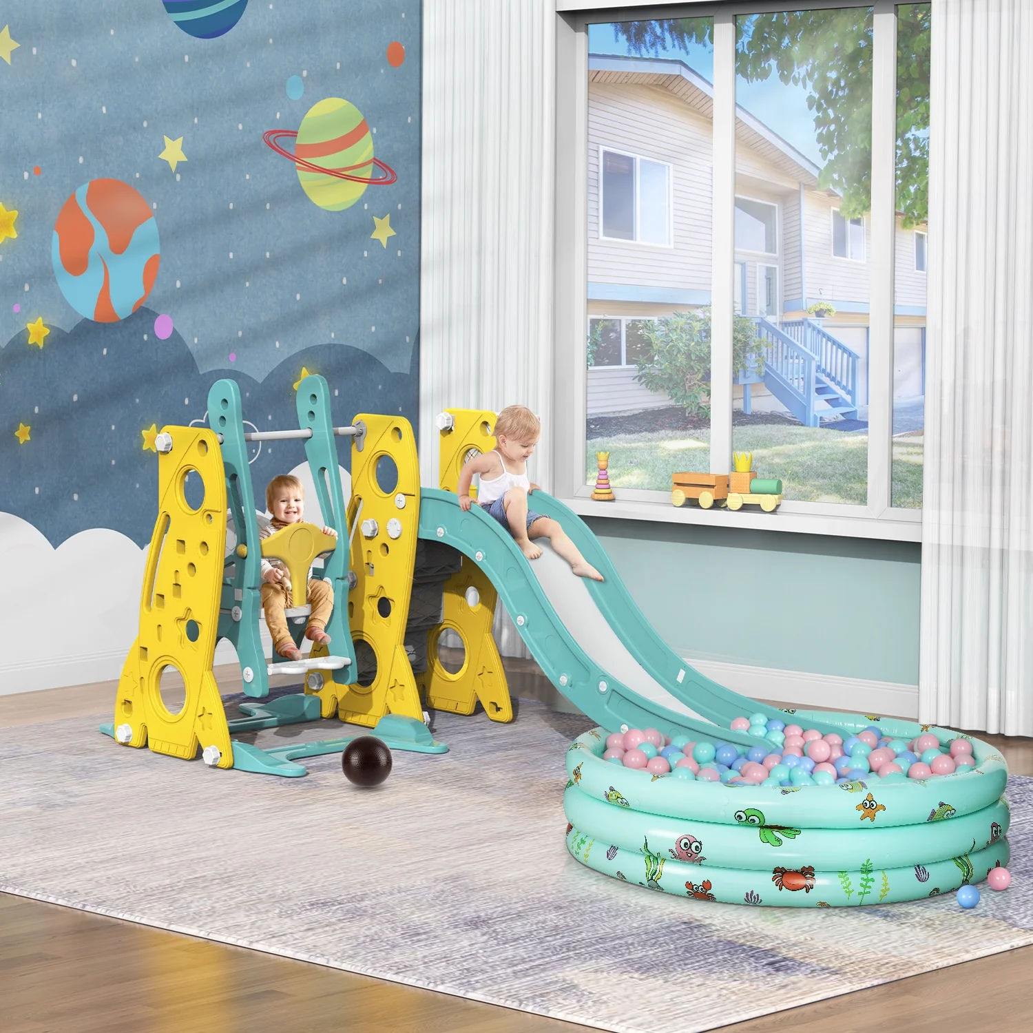 GIKPAL 6 in 1 Toddler Slide and Swing Set, Kids Large Climber Slide Playset with Basketball Hoop Playground Swing Set for Indoor Outdoor Backyard 3-10 Gifts Presents