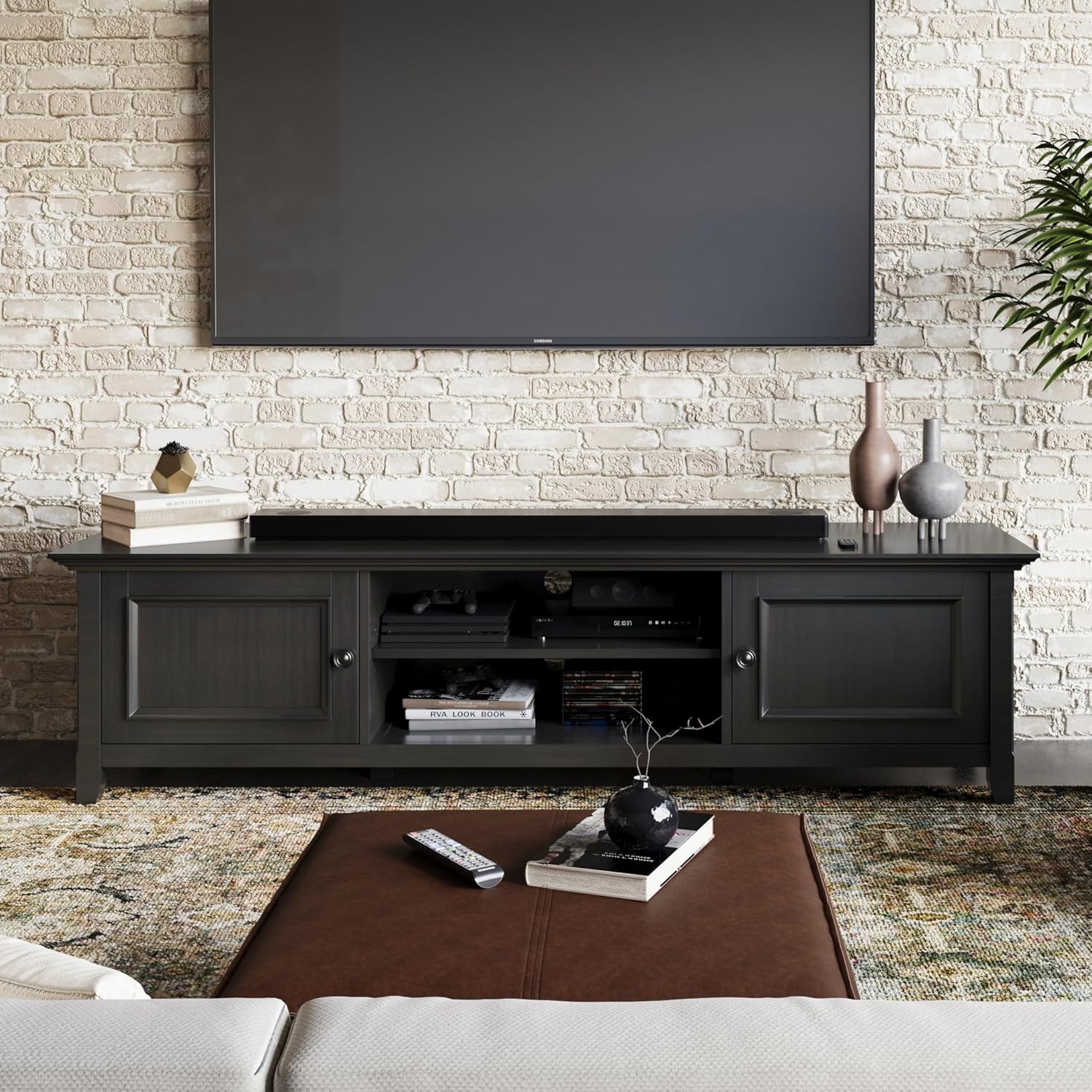 SIMPLIHOME Amherst SOLID WOOD Wide Transitional Media Stand for TVs up to 80 inches for The Living Room and Entertainment Center, 72 inch, Hickory Brown