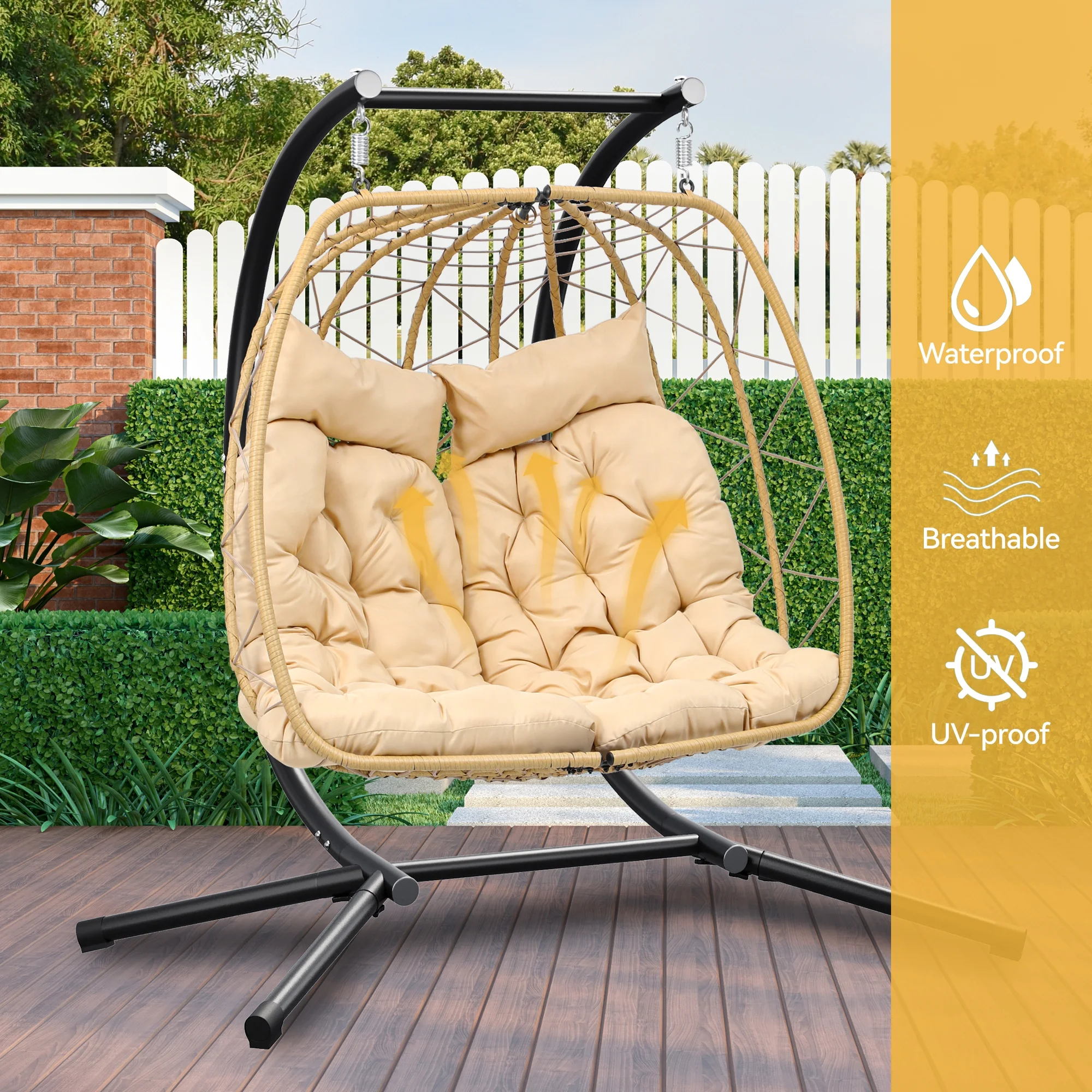 Dextrus Hanging Egg Swing Chair with Stand Double Egg Chair 2 Person Wicker Chair Indoor Outdoor Hammock Egg Chair with Cushions 500lbs for Patio, Bedroom, Garden and Balcony, Beige