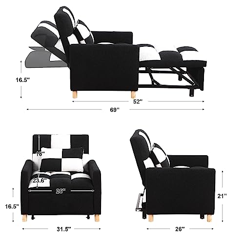 3-in-1 Convertible Sleeper Sofa Chair Bed, Adjustable Sofa Chair with Pillow, Multi-Functional Sleeper Chair velvet Fabric with Adjustable Backrest for Living Room Bedroom Office (Black White)