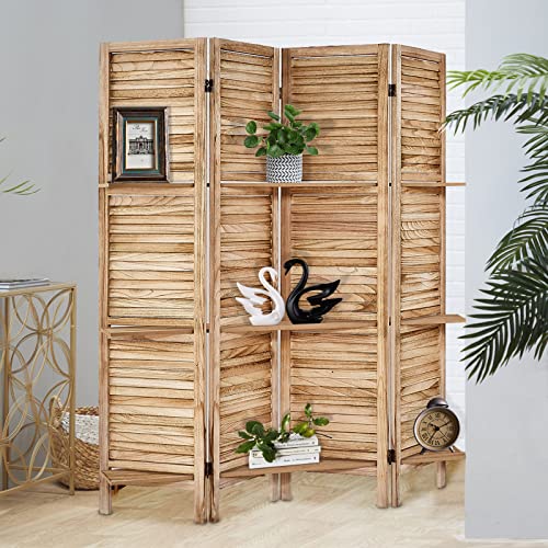 Room Divider with Shelves, Privacy Screen, Room Dividers and Folding Privacy Screens, 5 Panel Wood Temporary Wall Partition Separation Separator, Coconut