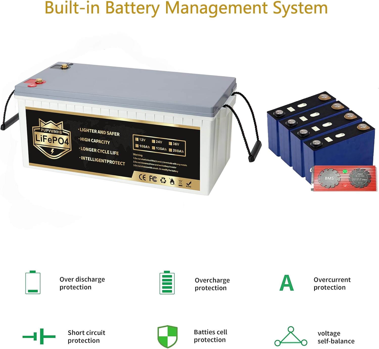12V200Ah Bluetooth LiFePO4 Lithium Battery, Built-in 200A BMS, Max.2560W Load Power,10 Years Lifetime 8000+ Cycles Deep Cycle Battery for Trolling Motor, RV Camping, Off-grid Application