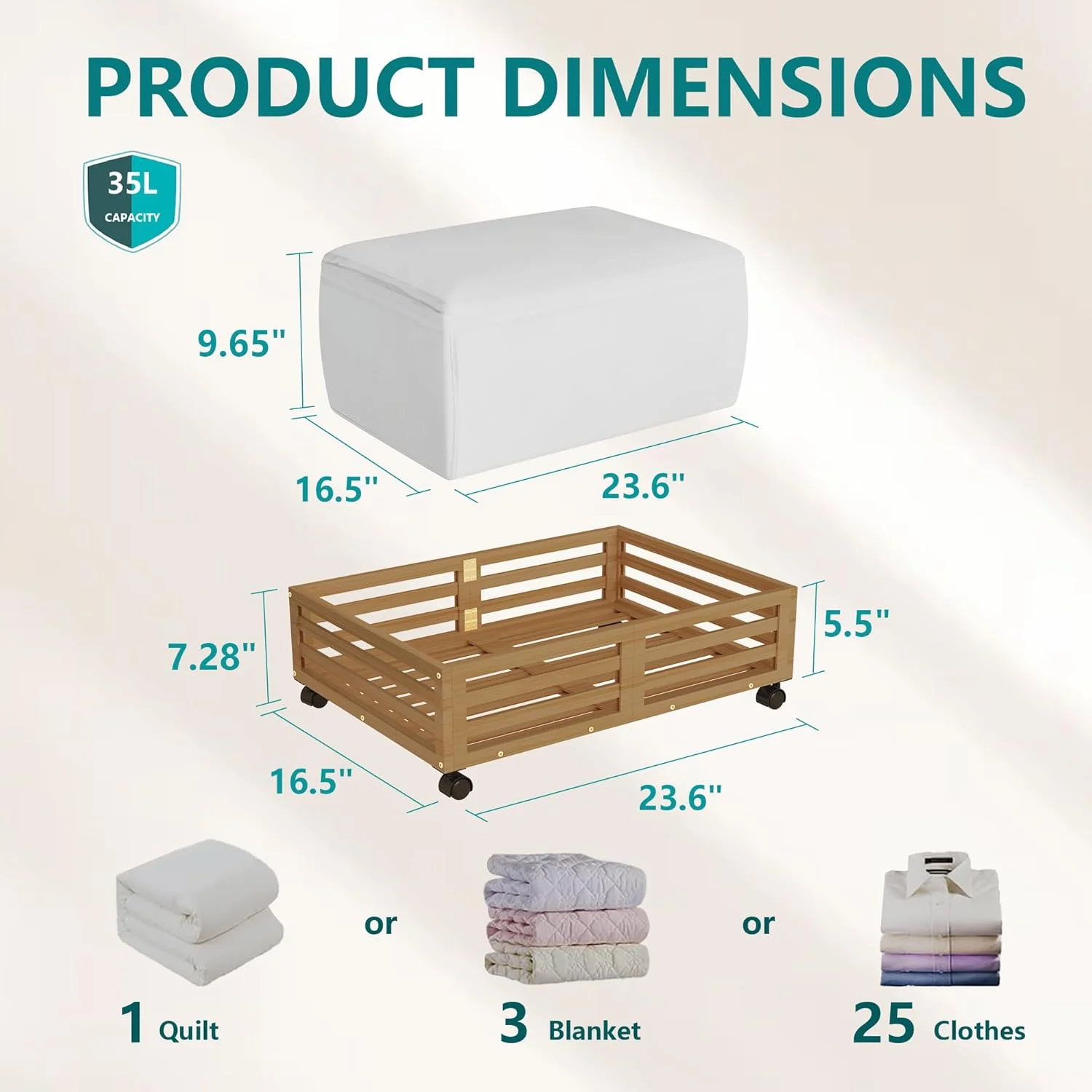 Bamboo Under Bed Storage Containers- Underbed Organizer with Wheels with Large Capacity Dust Bag,Sturdy Wood Rolling Under Bed Shoe Storage Organizer 2 Packs (Walnut, 2 Packs (33.07×16.54))