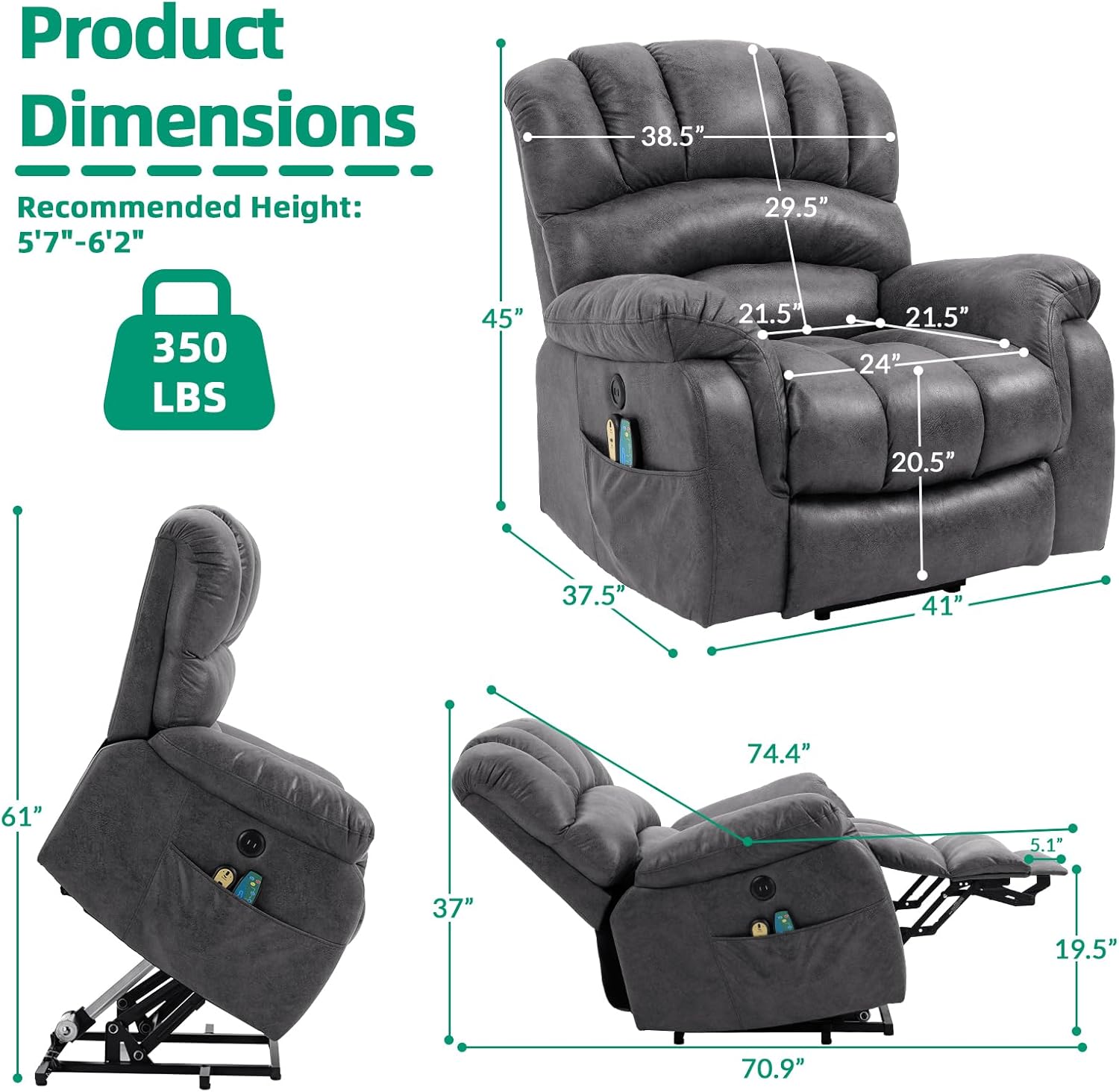 VIVIJASON Tall Man Large Power Lift Recliner Chair with Extended Footrest for Elderly, Overstuffed Wide Electric Lift Chair with Heat & Massage, 2 Remote Controls, Side Pockets & USB Ports, Gray