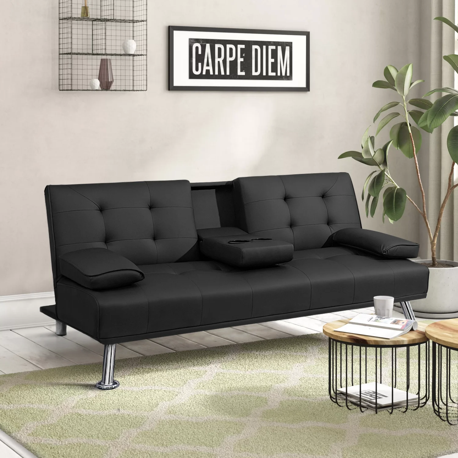 Lacoo Modern Faux Leather Convertible Futon with Cup Holders & Pillows, 65" Black