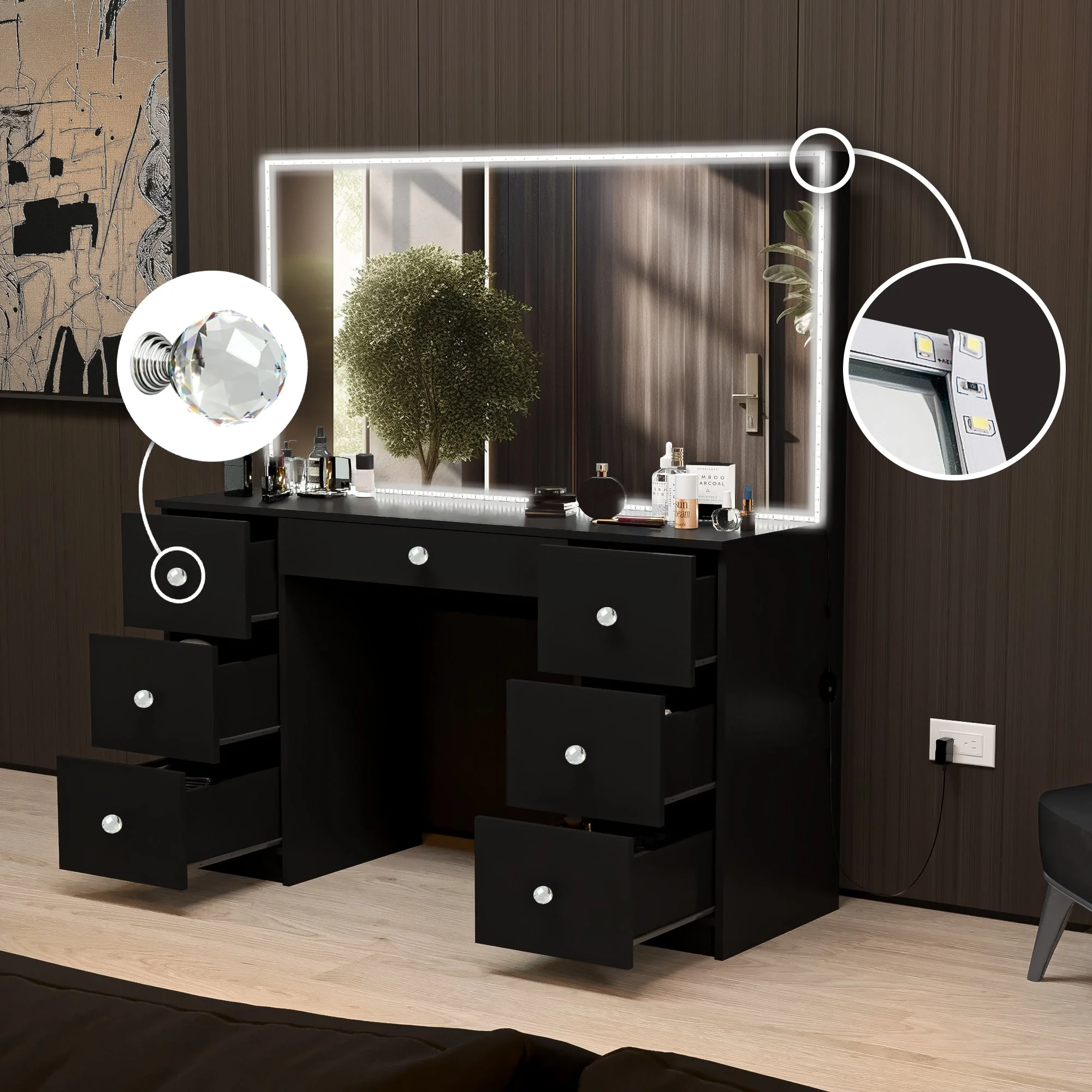 Boahaus Sabrina Modern Black Vanity Desk with LED Lights, Crystal Ball Knobs, for Bedroom