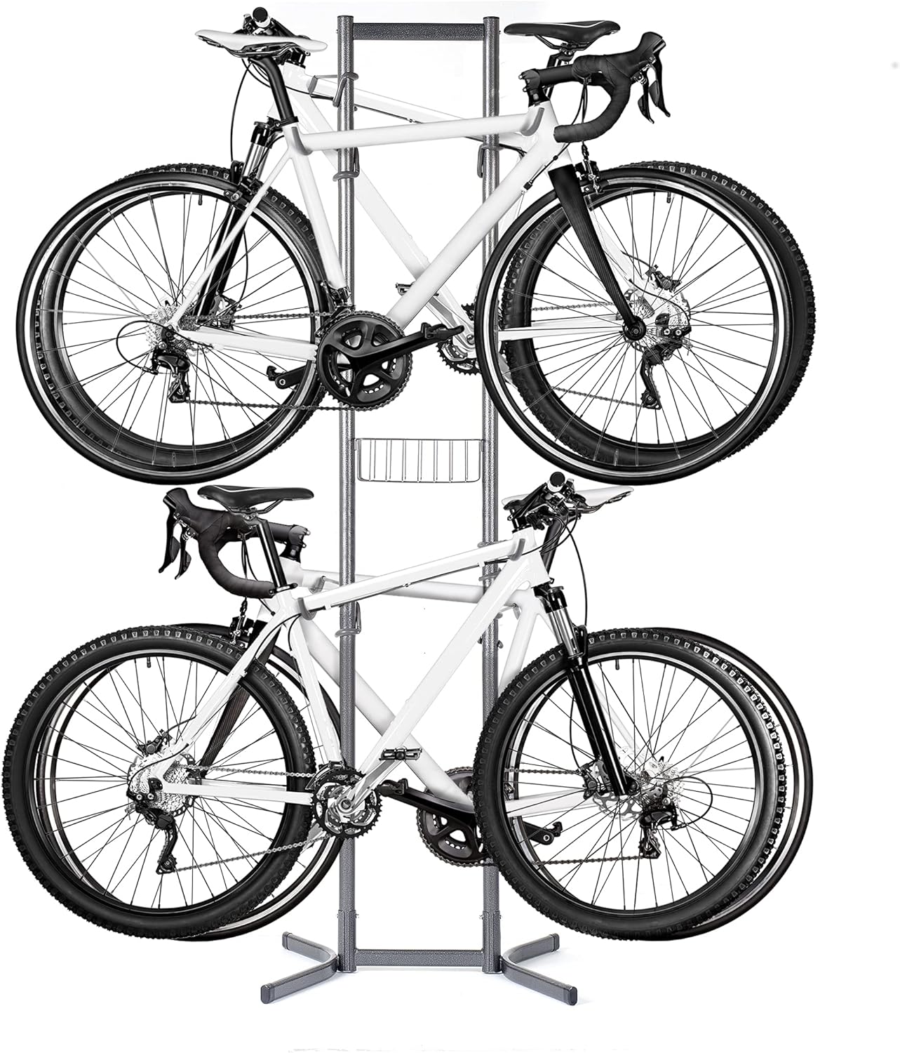 Delta Cycle 4 Bike Rack Garage - Bike Storage Rack with Basket - No Drilling Required - Fully Adjustable Vertical Bike Rack for Any Style Bicycle - Freestanding Wall Bike Rack Holds Up to 160 lbs