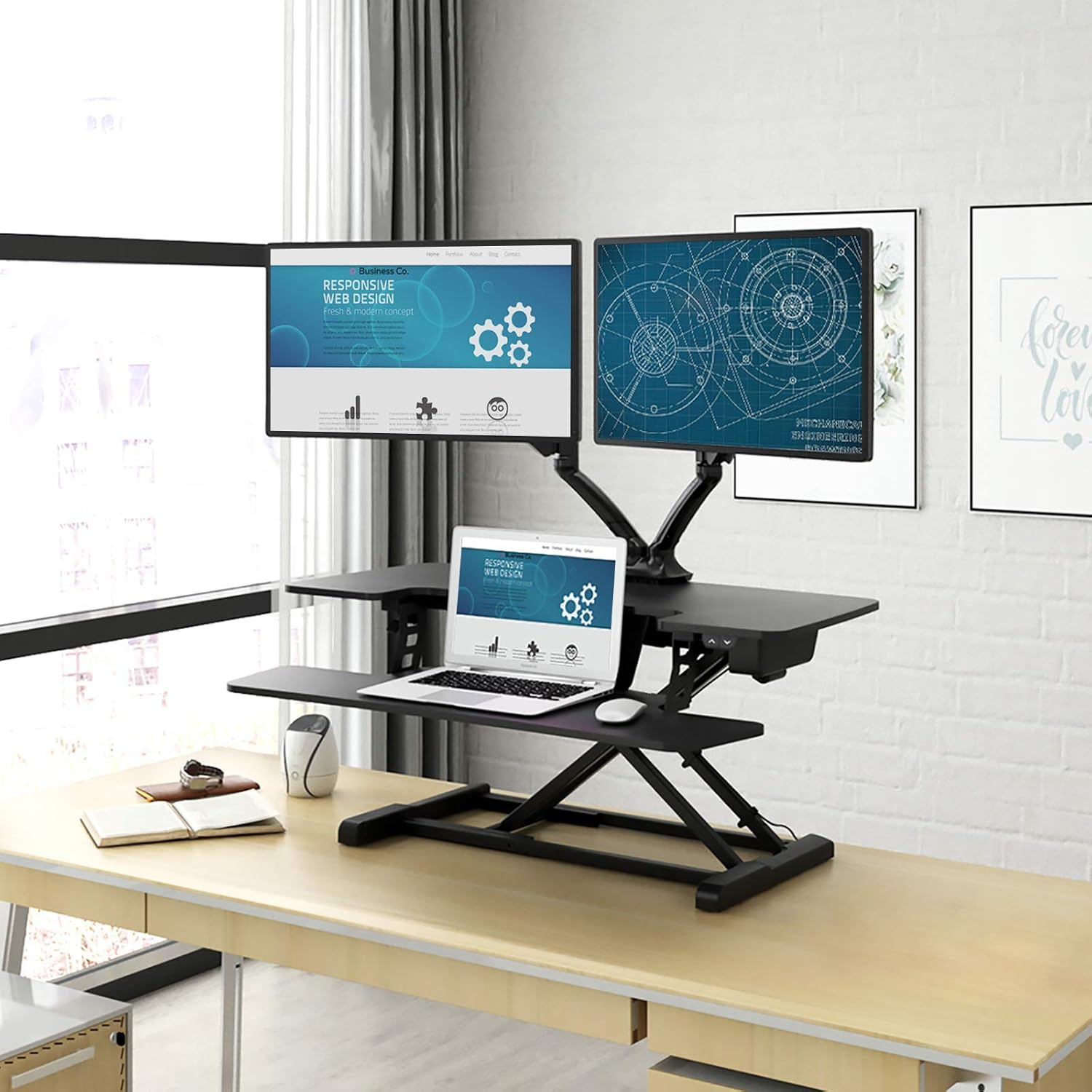FlexiSpot Motorized Standing Desk Converter 36" Wide Electric Stand up Desk Riser for Monitor and Laptop,Black Height Adjustable Desk for Home Office EM7MB