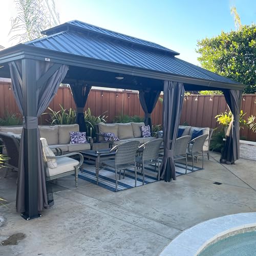 PURPLE LEAF 10' X 14' Permanent Hardtop Gazebo Aluminum Gazebo with Galvanized Steel Double Roof for Patio Lawn and Garden, Curtains and Netting Included, Grey