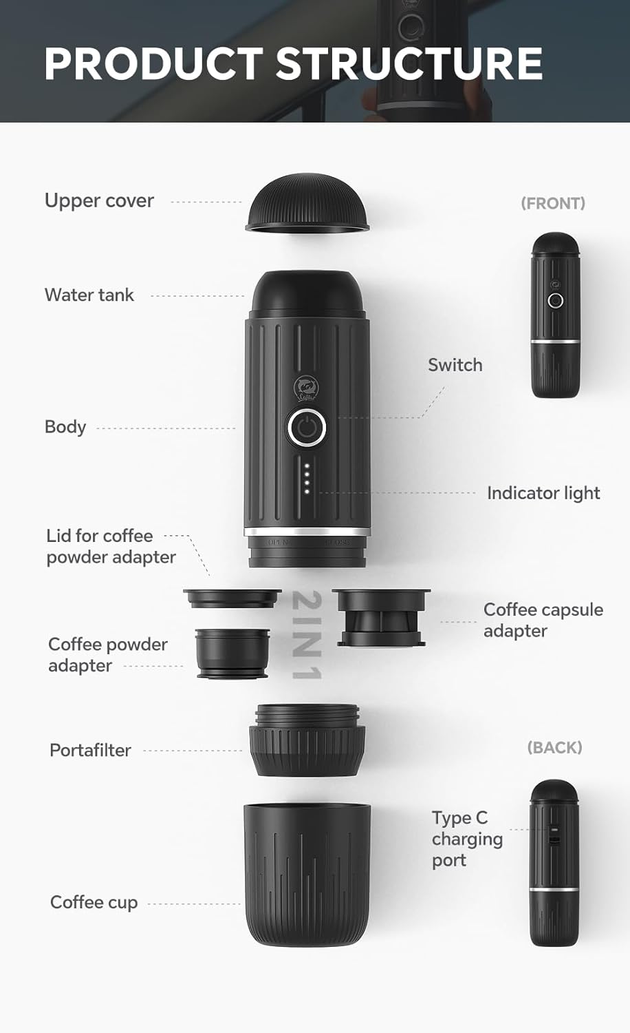 Portable Coffee Maker Travel Espresso Machine 120W, 19 Bar Pressure 7500mAh Rechargeable Battery Version Portable On the Go for Camping, Driving, Home and Office Travelling