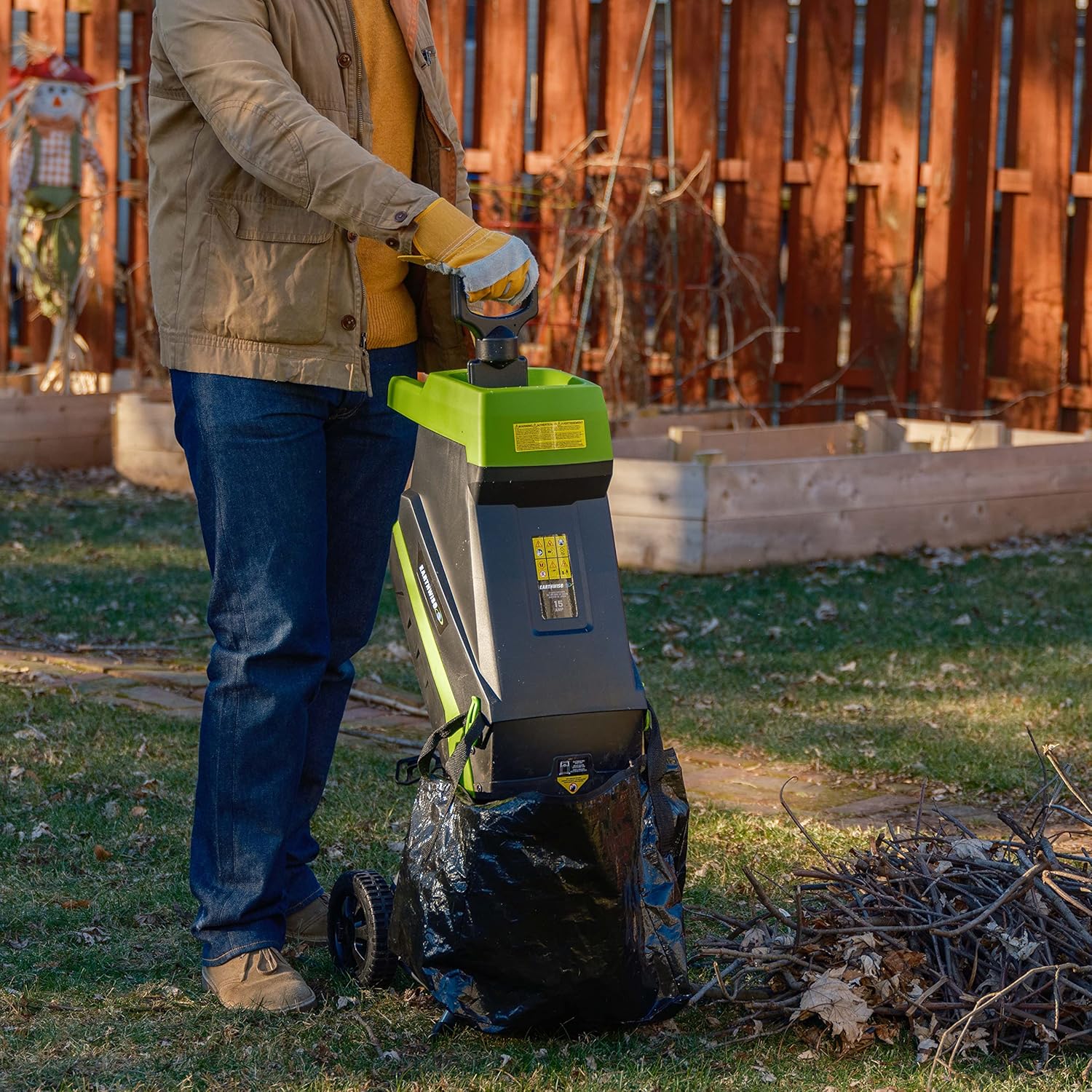Earthwise Power Tools by ALM GS015 15-Amp Electric Corded Chipper/Shredder with Collection Bag, Green/Black