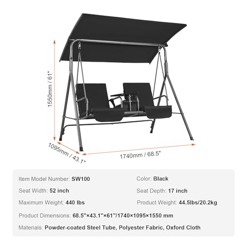 VEVOR 3-Seat Patio Swing Chair, Converting Canopy Swing, Outdoor Patio Porch with Adjustable Canopy, Removable Thick Cushion and Alloy Steel Frame, for Balcony, Backyard, Poolside, Brown