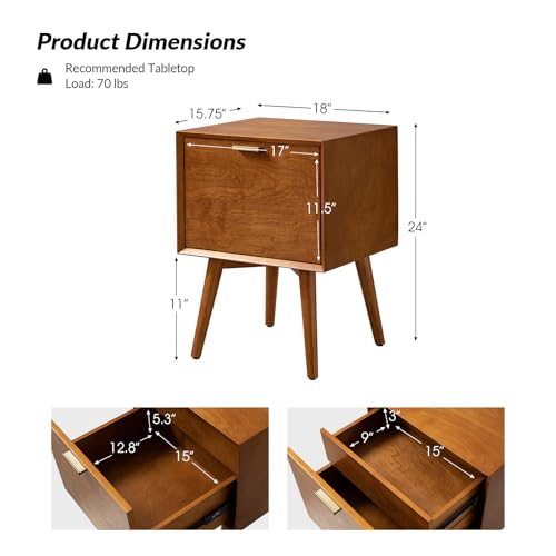 HULALA HOME Nightstand with Charging Station, Mid-Century Modern Nightstands, Wood Night Stand with USB Ports and Outlets for Bedroom, Acorn