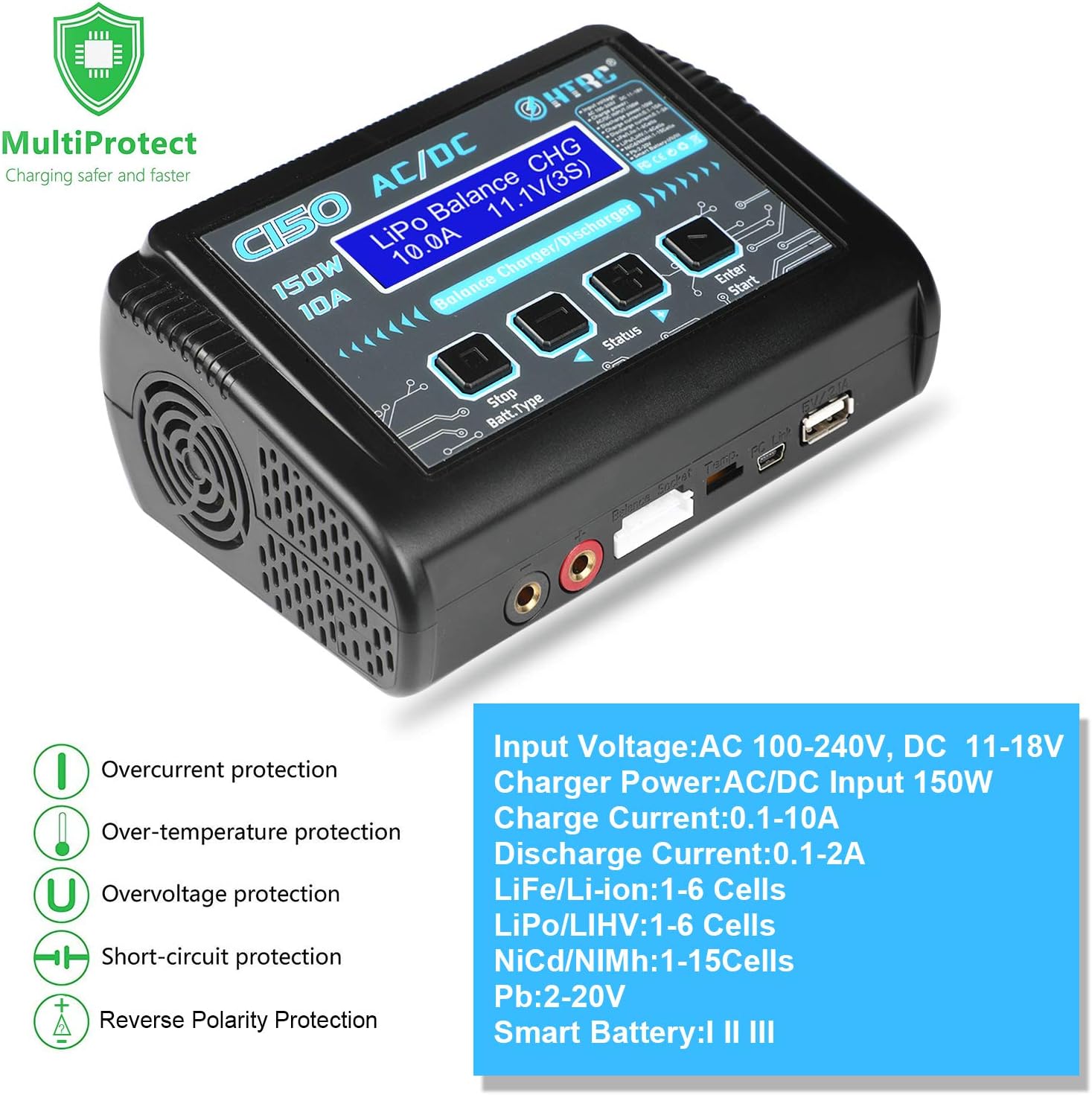 LiPo Charger Lipo Battery Balance Charger RC Charger RC Car Battery Charger Discharger 150W 10A 1-6S AC/DC for Li-ion/Life/NiCd/NiMH/LiHV/PB/Smart Battery(Battery Charger Adapter)