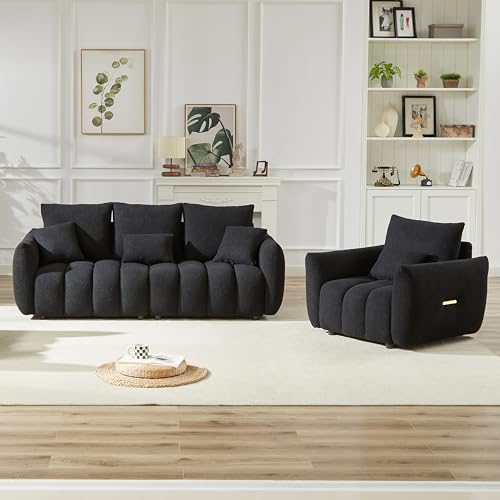 2 Piece Teddy Cloud Sofa Couch Set, Modern Deep Seat 3 Seater Boucle Sofa & Single Sofa Chair, Cozy Upholstered Sherpa Living Room Furniture Set for Apartment Office, Black