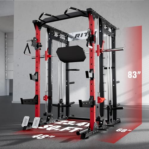 RitFit Buffalo Smith Machine, Power cage with LAT-Pull Down System & Cable Crossover System, All-in-One Squat Rack for Home Gym, Power Rack