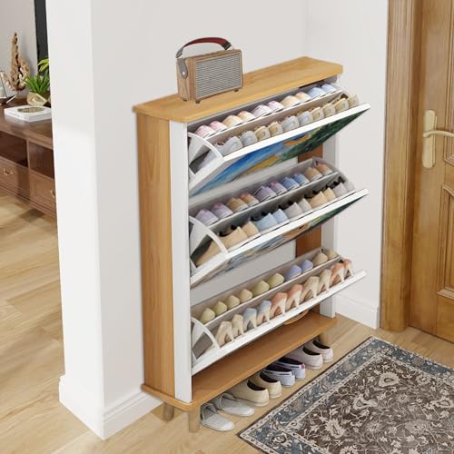 3 Drawer Shoe Cabinet, Artistic Shoe Cabinet, Paris Watercolor Sketch Parisian Streets Houses Tower Street cafes Wood Shoe Rack Organizer for Entryway Slim (31.5”W x 9.45”D 46”H)