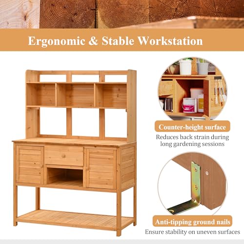 Outdoor Wooden Potting Bench Table – Farmhouse Garden Workstation with Drawers, Cabinet & Storage Shelves, Large Fir Wood Work Table for Patio, Backyard, Mudroom, Greenhouse (Light Brown, 66''H)