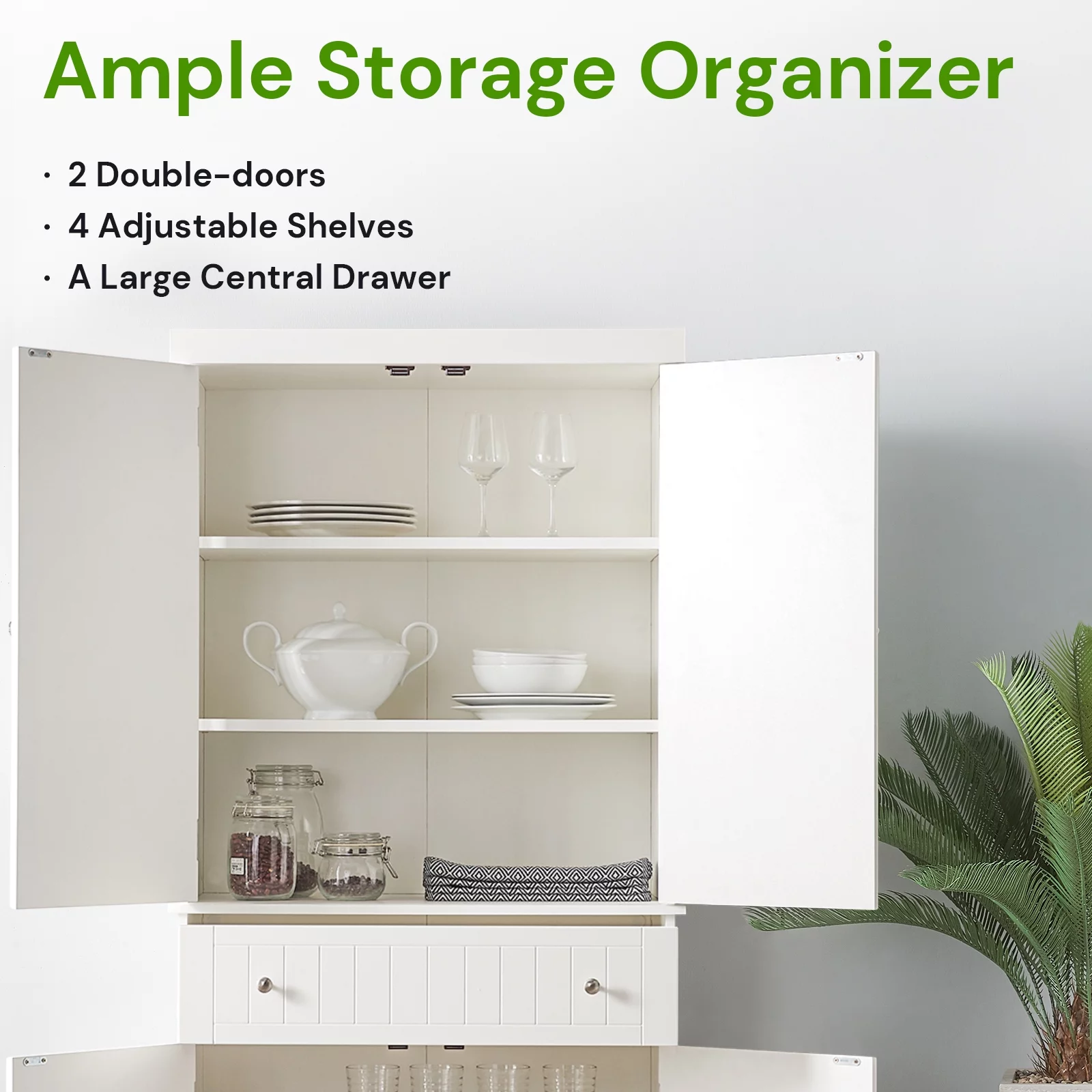 SunsGrove Kitchen Pantry Cabinet Tall Freestanding Storage Cupboard with Doors and Adjustable Shelves for Kitchen, Living Room, Dining Room, White