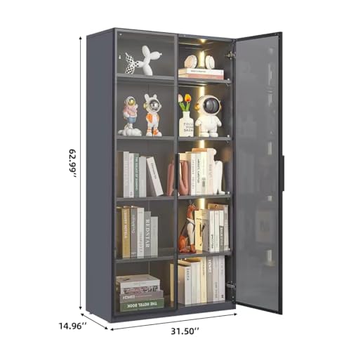 Display Cabinet with Light Strips, 5 Shelves Metal Storage Cabinet with Glass Door, Floor Standing Tall Bookcase Clear Glass Curio Cabinet Collection for Living Room Bedroom (Double Door)